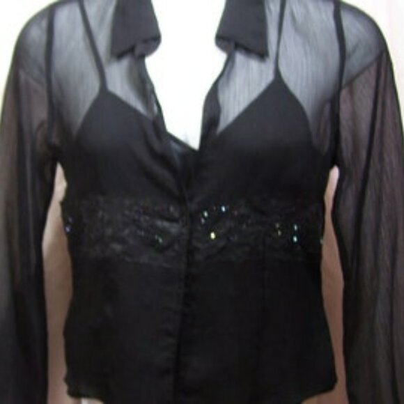 Gloria Vanderbilt Rich Black Sheer Blouse Set With Camisole Accent Bling Beads - Picture 2 of 10